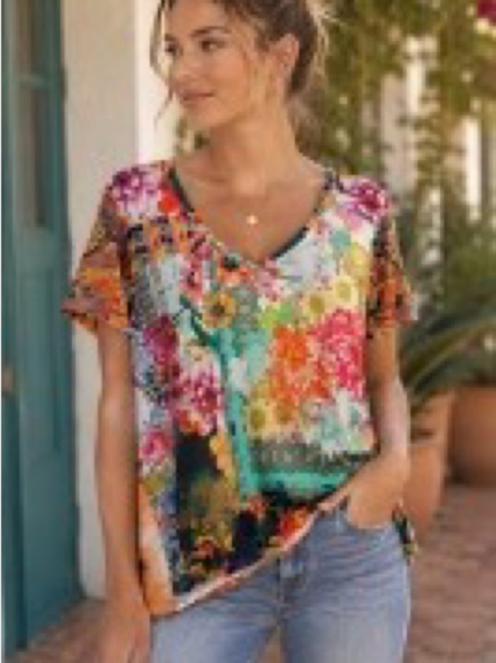 Johnny Was Los Angeles Floral Tropical Patchwork V-Neck Tee Tunic Boho Small